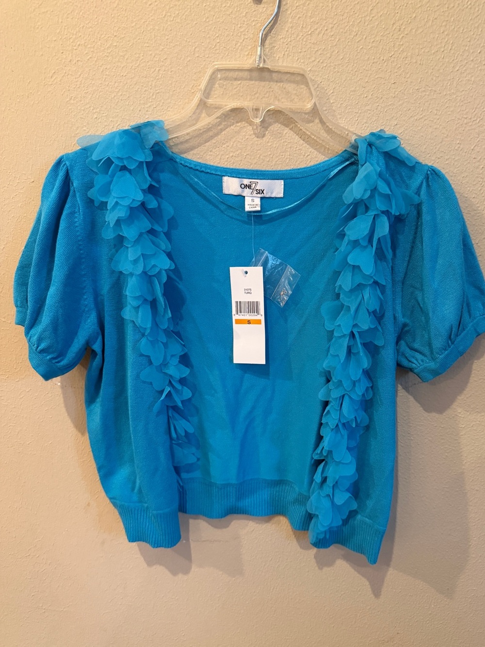 One7Six Blue Open Front Ruffle Cardigan Sweater Size Small NWT